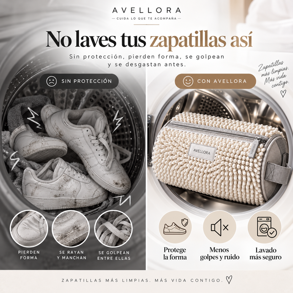 Avellora comparación lavado de zapatillas con y sin protección
